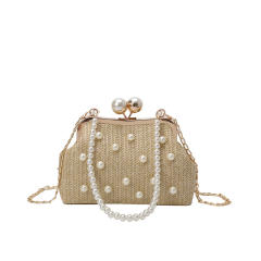 Pearl Handheld Clip Bag Spring New Woven Bag Chain Shoulder Straw Bag Crossbody Beach Women's Bag