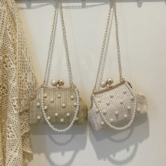 Pearl Handheld Clip Bag Spring New Woven Bag Chain Shoulder Straw Bag Crossbody Beach Women's Bag