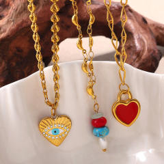 New Beach Ocean Vacation Style DIY Colorful Natural Stone Heart Pendant Accessories Plated 18K Gold Jewelry Pendant