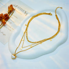 Multi-layer mix chain stacked Pearl love pendant jewelry stainless steel necklace