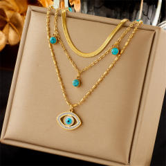 Fashion Multi-Layer Chain Turquoise Hollow Diamond Evil Eye Pendant stainless steel necklace