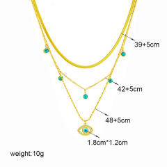 Fashion Multi-Layer Chain Turquoise Hollow Diamond Evil Eye Pendant stainless steel necklace