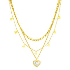 Multi-layer mix chain stacked Pearl love pendant jewelry stainless steel necklace