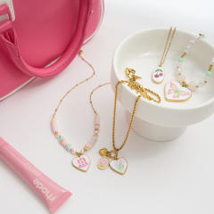 18KG pink enamel heart series stainless steel necklace bracelet set