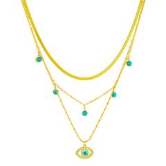 Fashion Multi-Layer Chain Turquoise Hollow Diamond Evil Eye Pendant stainless steel necklace