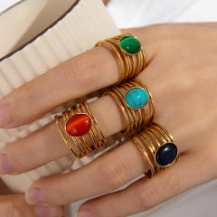 Multi-layer stainless steel ring women inlaid natural stone open stainless steel rings
