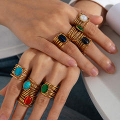 Multi-layer stainless steel ring women inlaid natural stone open stainless steel rings