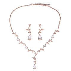 Korean-style simple fashion leaf-shaped flower branch set chain micro-inlaid AAA zircon necklace set