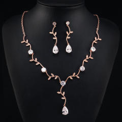 Korean-style simple fashion leaf-shaped flower branch set chain micro-inlaid AAA zircon necklace set