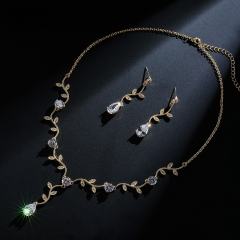 Korean-style simple fashion leaf-shaped flower branch set chain micro-inlaid AAA zircon necklace set