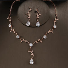 Korean-style simple fashion leaf-shaped flower branch set chain micro-inlaid AAA zircon necklace set