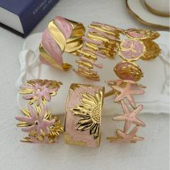 Hot sale sweet pink color enamel stainless steel bangle bracelet holiday ocean hand jewelry