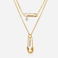 18KG classic diamond paperclip two layer stainless steel necklace dainty necklace