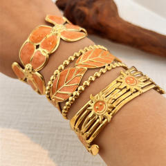 18KG orange color enamel leaf design stainless steel bangle bracelet