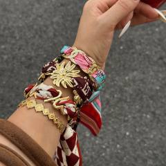 Popular Hollow Ring Stainless Steel Bracelet Flower Copper Coin Bohemian Silk Scarf Wrapped Hand Jewelry Set