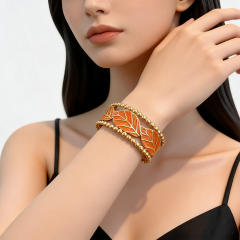 18KG orange color enamel leaf design stainless steel bangle bracelet