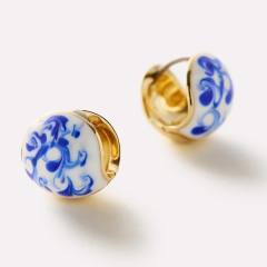 18K gold blue white porcelain earrings new Chinese oil enamel ceramic earrings Chinese style jewelry