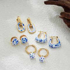 18K gold blue white porcelain earrings new Chinese oil enamel ceramic earrings Chinese style jewelry