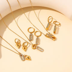 18KG diamond paperclip pendant heart lock stainless steel necklace earrings set