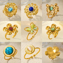 New French Retro Natural Stone Zircon Ring Flower Round Opening Stainless Steel Ring