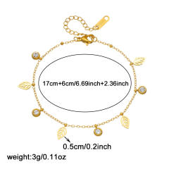 Simple hollow leaf diamond charm thin chain stainless steel bracelet
