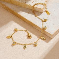 Simple hollow leaf diamond charm thin chain stainless steel bracelet