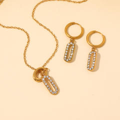 18KG diamond paperclip pendant heart lock stainless steel necklace earrings set