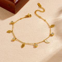 Simple hollow leaf diamond charm thin chain stainless steel bracelet