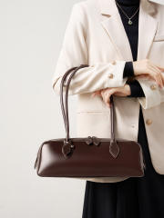 Women's 2025 New Korean Single Shoulder Large Capacity Cowhide Armpit Bag Long Red Baguette Bag for Women