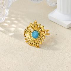 New French Retro Natural Stone Zircon Ring Flower Round Opening Stainless Steel Ring