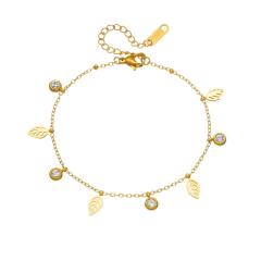 Simple hollow leaf diamond charm thin chain stainless steel bracelet