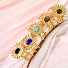 Retro Bohemian Sunflower Colorful Natural Stone Opening Ring Stainless Steel rings