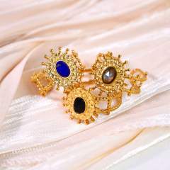 Retro Bohemian Sunflower Colorful Natural Stone Opening Ring Stainless Steel rings