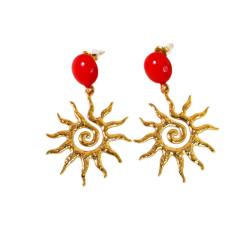 Holiday trend red enamel bead stainless steel sunshine dangle earrings stainless steel earrings