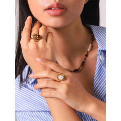 French trend tiger eye stone pearl bead inlaid stainless steel rings