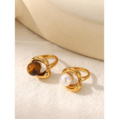 French trend tiger eye stone pearl bead inlaid stainless steel rings