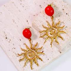 Holiday trend red enamel bead stainless steel sunshine dangle earrings stainless steel earrings