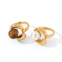 French trend tiger eye stone pearl bead inlaid stainless steel rings