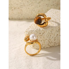 French trend tiger eye stone pearl bead inlaid stainless steel rings