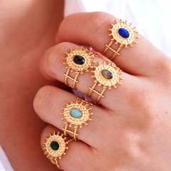 Retro Bohemian Sunflower Colorful Natural Stone Opening Ring Stainless Steel rings