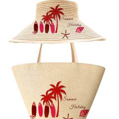 Outdoor Sun Protection Women's Beach Bag Casual Travel Surfboard Straw Woven Bag Hat Set Printed Woven Bag