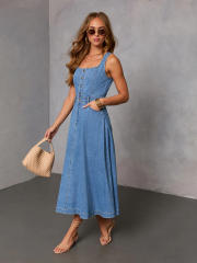 Spring summer new design light blue denim dress long dress holiday dress