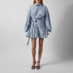 Urban denim butterfly-embellished tie-up lantern long-sleeved dress