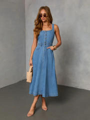 Spring summer new design light blue denim dress long dress holiday dress