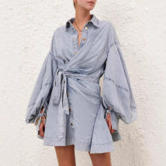 Urban denim butterfly-embellished tie-up lantern long-sleeved dress