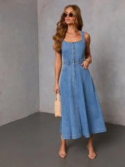 Spring summer new design light blue denim dress long dress holiday dress