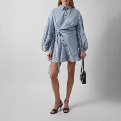 Urban denim butterfly-embellished tie-up lantern long-sleeved dress
