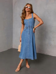 Spring summer new design light blue denim dress long dress holiday dress