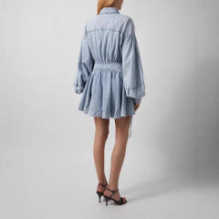 Urban denim butterfly-embellished tie-up lantern long-sleeved dress