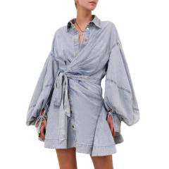 Urban denim butterfly-embellished tie-up lantern long-sleeved dress